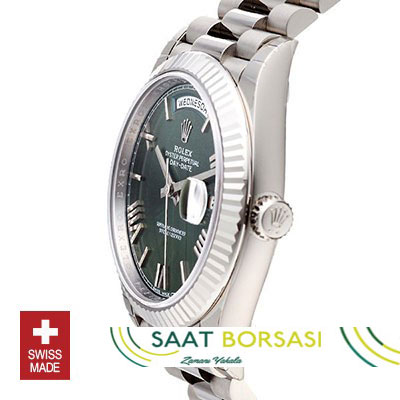 ETA070- Rolex Day-Date 40 White Gold Olive Green (3255 ETA Saat)