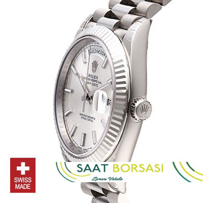 ETA071- Rolex Day-Date 40 White Gold Silver Stripe Motif Stick (3255 ETA Saat)