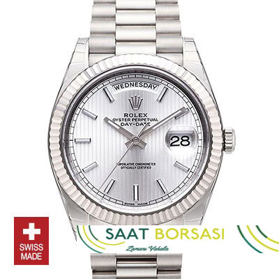 ETA071- Rolex Day-Date 40 White Gold Silver Stripe Motif Stick (3255 ETA Saat)