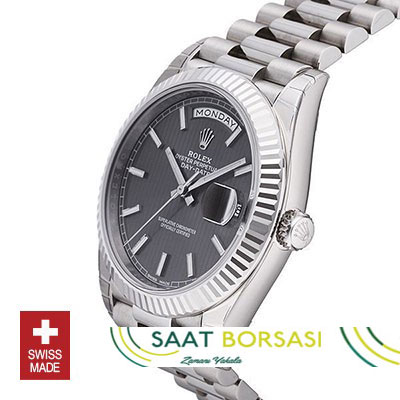 ETA072- Rolex Day-Date 40 White Gold Dark Rhodium Stripe Motif Stick (3255 ETA Saat)