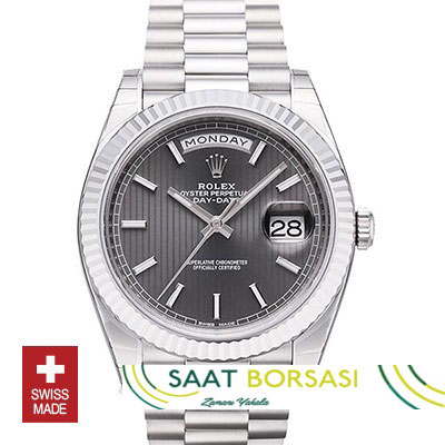 ETA072- Rolex Day-Date 40 White Gold Dark Rhodium Stripe Motif Stick (3255 ETA Saat)