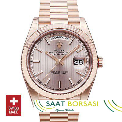 ETA081- Rolex Day-Date 40 Rose Gold Sundust Stripe Motif Stick (3255 ETA Saat)