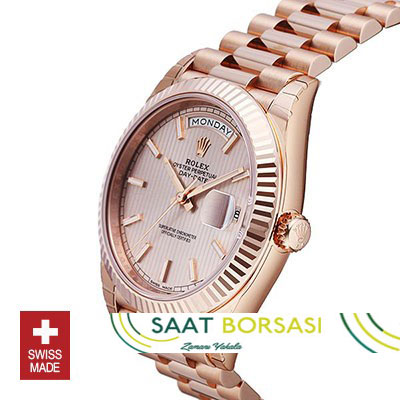 ETA081- Rolex Day-Date 40 Rose Gold Sundust Stripe Motif Stick (3255 ETA Saat)