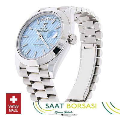 ETA082- Rolex Day-Date 40 Platinum Ice Blue Diagonal Motif (3255 ETA Saat)