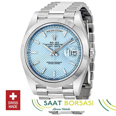 ETA082- Rolex Day-Date 40 Platinum Ice Blue Diagonal Motif (3255 ETA Saat)