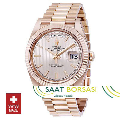 ETA107- Rolex Day-Date 40 Rose Gold Sundust Stripe Motif Stick (3255 ETA Saat)