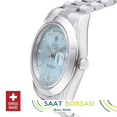 ETA111- Rolex Day-Date II SS Blue Diamonds (3156 ETA Saat)