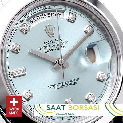 ETA111- Rolex Day-Date II SS Blue Diamonds (3156 ETA Saat)