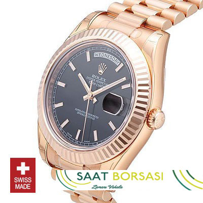 ETA113- Rolex Day-Date II Rose Gold Black (3156 ETA Saat)