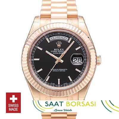 ETA113- Rolex Day-Date II Rose Gold Black (3156 ETA Saat)