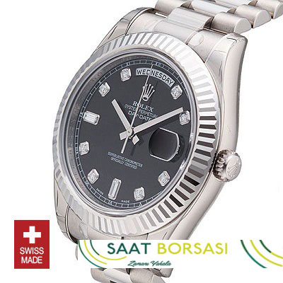 ETA117- Rolex Day-Date II SS Black Diamonds (3156 ETA Saat)