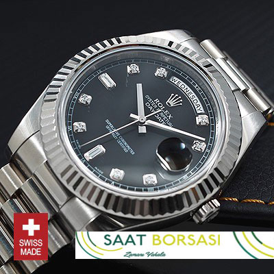 ETA117- Rolex Day-Date II SS Black Diamonds (3156 ETA Saat)