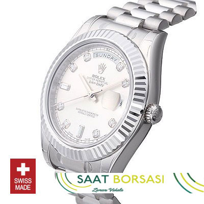 ETA119- Rolex Day-Date II SS Silver Diamonds (3156 ETA Saat)