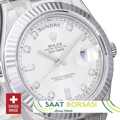 ETA119- Rolex Day-Date II SS Silver Diamonds (3156 ETA Saat)