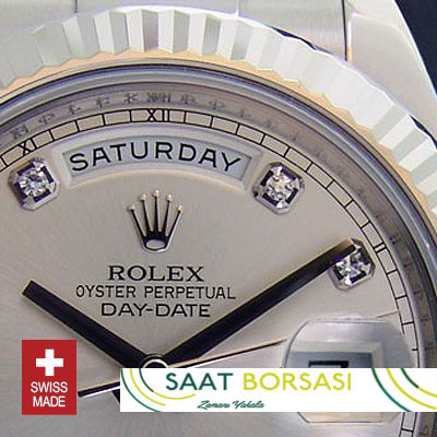 ETA119- Rolex Day-Date II SS Silver Diamonds (3156 ETA Saat)