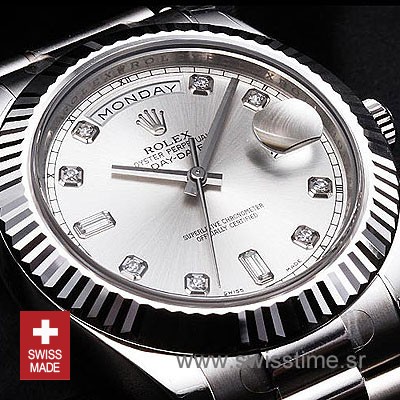 ETA119- Rolex Day-Date II SS Silver Diamonds (3156 ETA Saat)