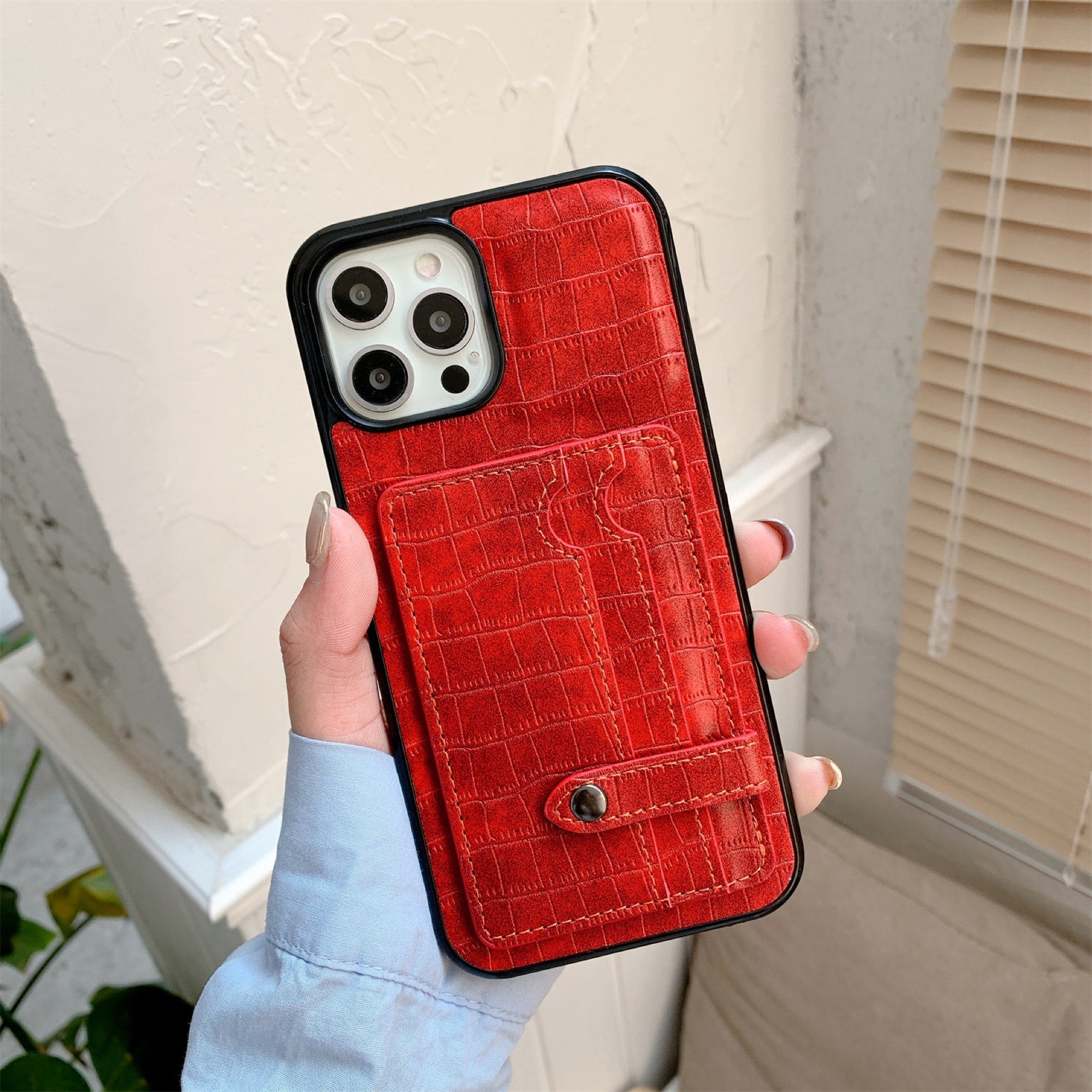 K008-Iphone Deri Kartlık Kılıf - Kırmızı